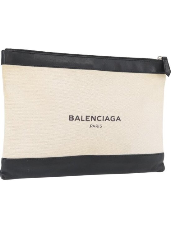 BALENCIAGA Handbags - BALENCIAGA Navy clip M Clutch Bag Canvas Leather Beige Black 373834